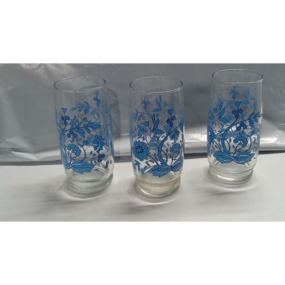 Other - 3 MCM Vintage Blue Floral Glasses Tumblers 5 1/4"
